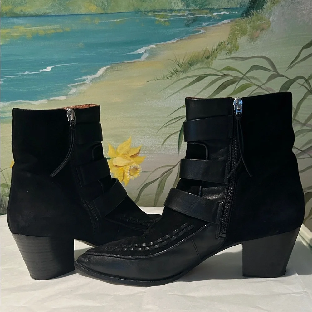 Isabel Marant Black Dickey Suede and Leather Triple Buckle Ankle Booties